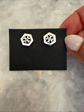 Tory Burch Silver Hexagon Logo Stud Earrings